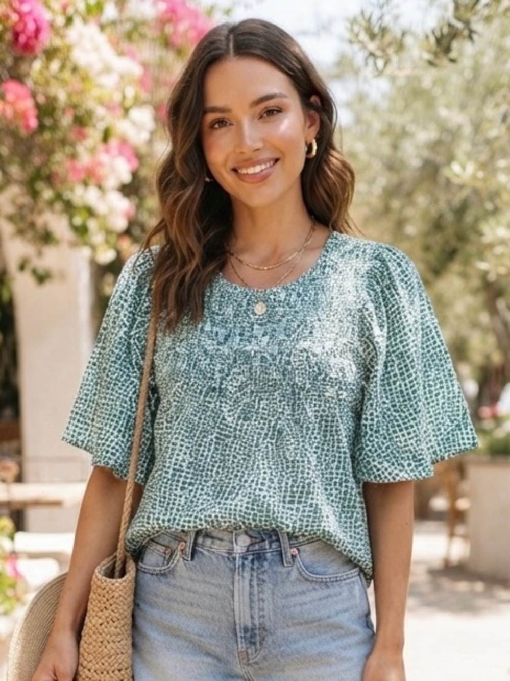 JODIFL Teal Green Printed Short-Sleeve Smocked Blouse